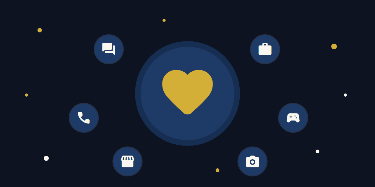 A gold heart surrounded by the things people do on Sebairo